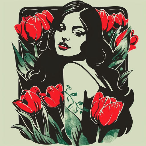 Romantic flat tattoo sketch of Venus in a garden of tulips, clipart design