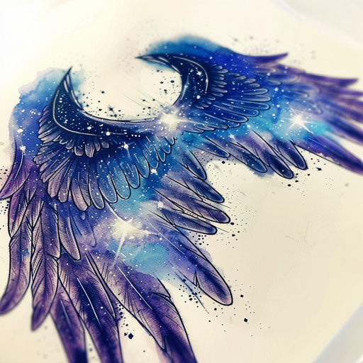 Cosmic galaxy-themed wings tattoo design with stars and nebula patterns, on a white sheet