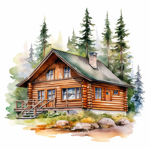 Watercolor Art style cabin illustration