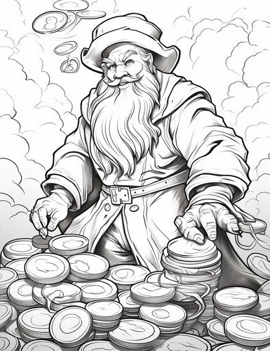Leprechaun coins coloring page, richly colored skies style
