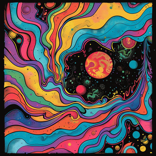 Psychedelic rock band logo with vibrant colors and a trippy background