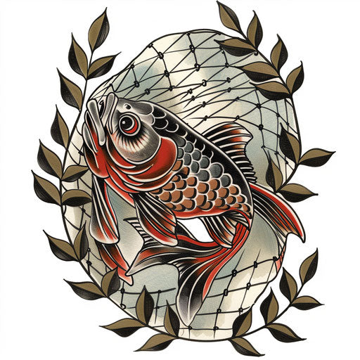 Traditional tattoo of a fish in a net