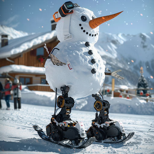 Snowman with robotic boots dancing at the ski resort