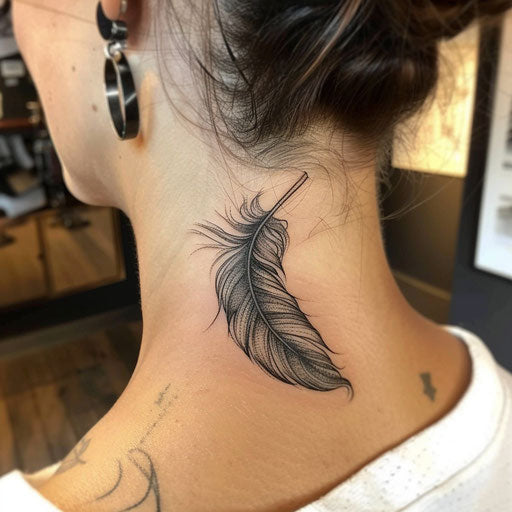 Delicate feather tattoo in Gerald Brom style on neck