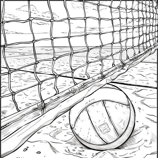 A detailed close-up of a volleyball on a sand court with a net. Coloring book page