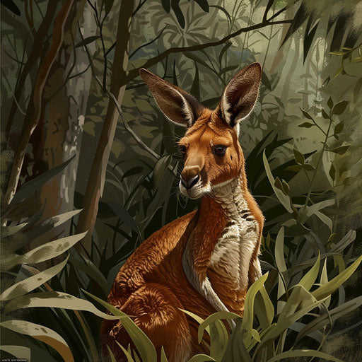 Red kangaroo among the foliage of a eucalyptus forest