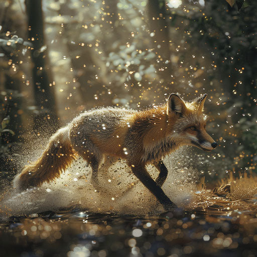 White tail fox speeding through a forest clearing after the rainstorm, sparkling water droplets on its fur
