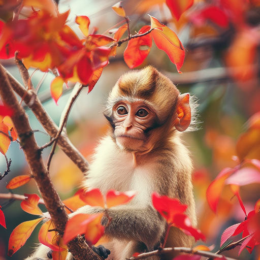 Rhesus monkey in colorful autumn foliage