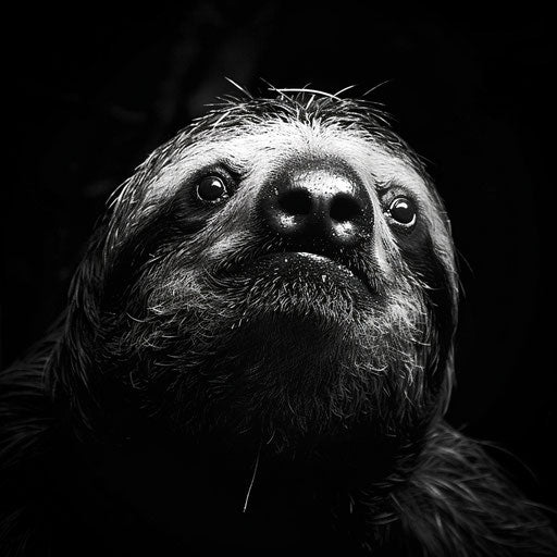 Giant sloth in black and white photograph with striking contrasts