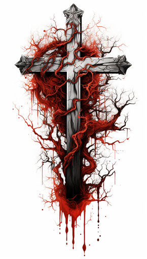 Black and red cross tattoo with white design