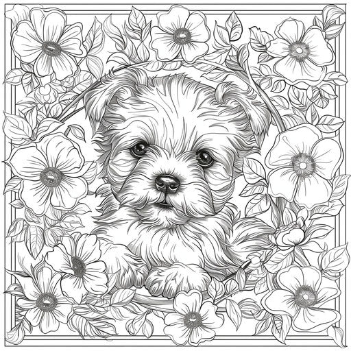 Detailed floral frame with a puppy in the center