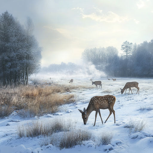 Wildlife scene with deer grazing in a snowy meadow
