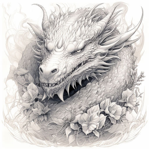 Intricate drawing of a dragon face, detailed and captivating