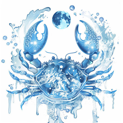 Stylized Cancer symbol with water elements and moon phases