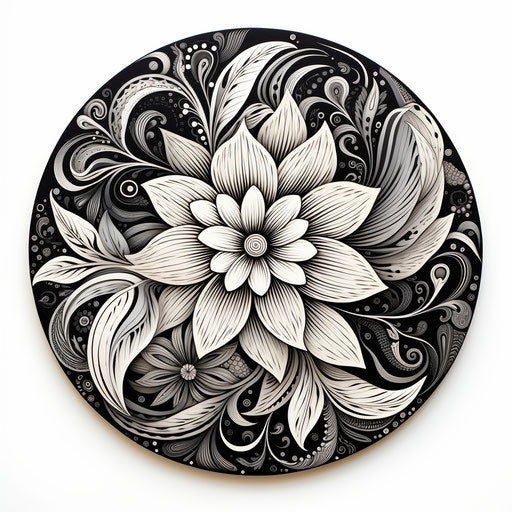 Black and white round doodle with central pattern