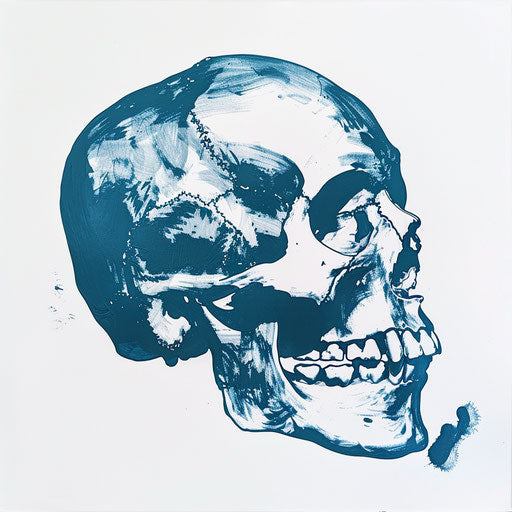 Simple skeleton skull on white background, dark teal and sky-blue style, gender-bending iconography