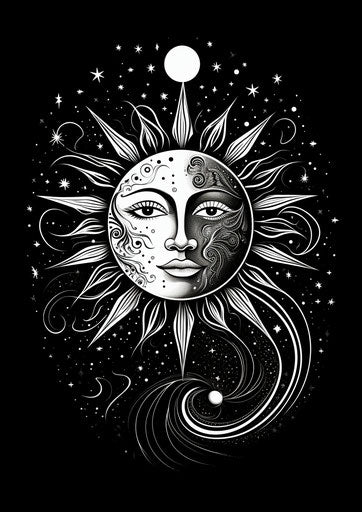 Celestial bodies in black and white, psychedelic style