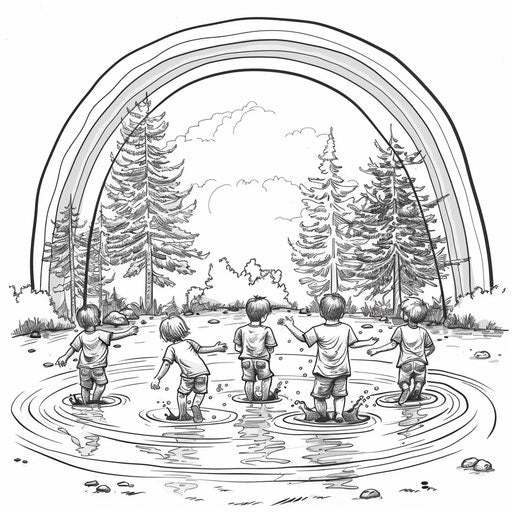 Rainbow reflected in a puddle with children splashing. Coloring book page