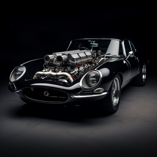 Jaguar e type car with supercharger intakes