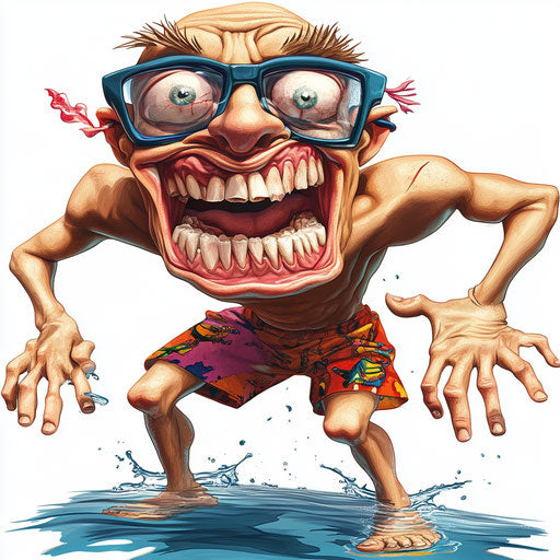 Humorous caricature of a swimmer with exaggerated teeth