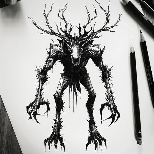 Stylized tattoo sketch of a Wendigo with exaggerated antlers