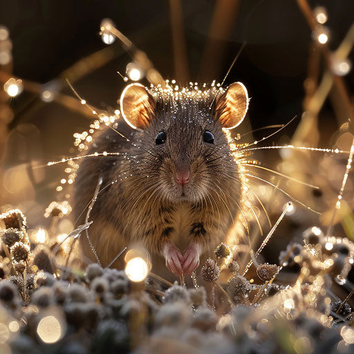 Brown rat surrounded by dew-covered grass