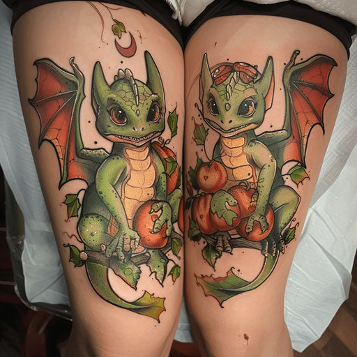 Sibling tattoos in the style of David Palumbo with fantasy creatures