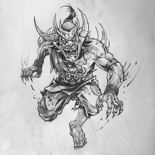 Flat tattoo sketch of a Japanese demon with bold style