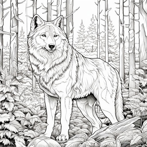 Wolf in the woods coloring page, realistic scene style