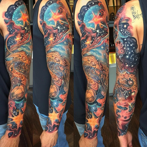 Arm tattoo with cosmic and celestial themes