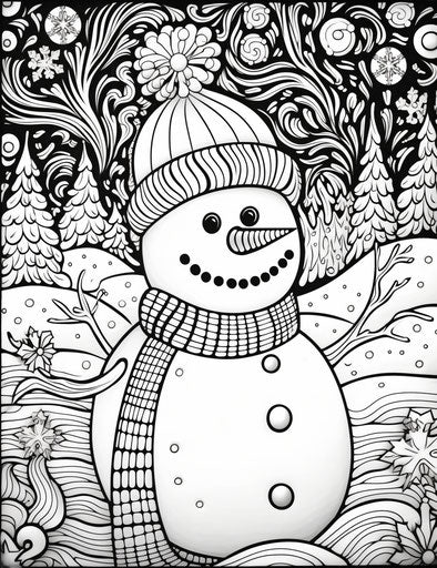 Holiday snowman coloring pages in intricate style