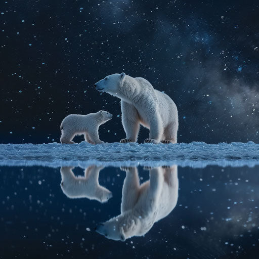 Polar bear and cub watching stars on Arctic lake at night