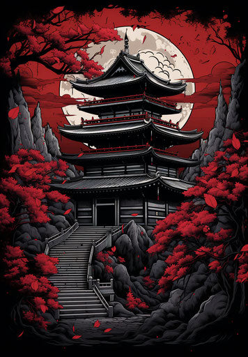 Japanese Buddhist temple with red and white leaves