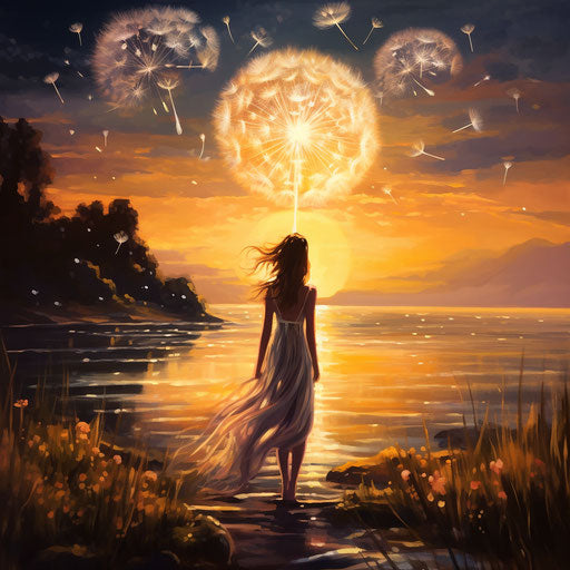 Beautiful image of a girl in a white dress in front of a dandelion at sunset