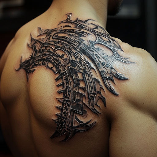 Tribal tattoos for men with an abstract biomechanical design on the shoulder blade in the style of Adrian Smith