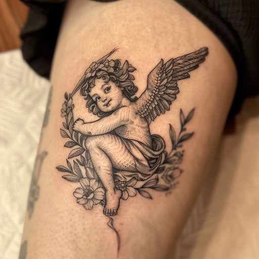 Fusion style cherub tattoo on white background