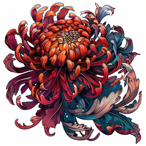 Neo-traditional tattoo design of a chrysanthemum with rich colors on white background