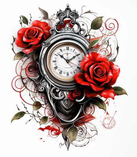 Time machine with roses and clock on a white background
