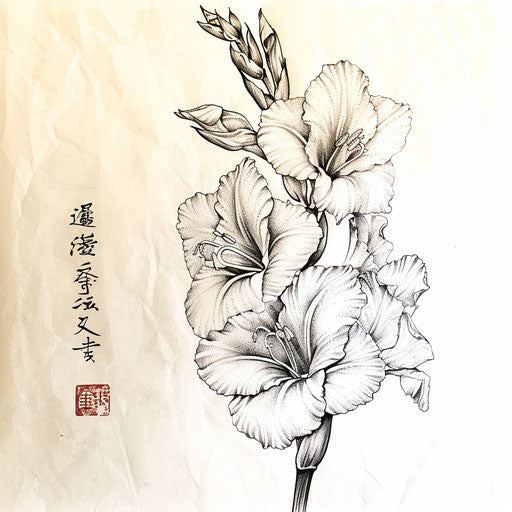 Elegant gladiolus tattoo design in traditional Japanese art style