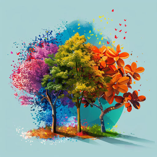 Seasons clipart in photo realistic style on a flat random color background, enhanced detail and vivid colors