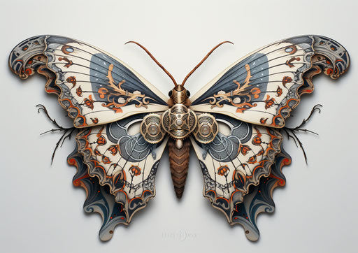 The moth has wings drawn in graphic linework style