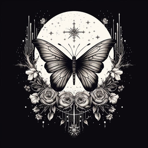Butterfly with moon and stars, tattoo in scientific style