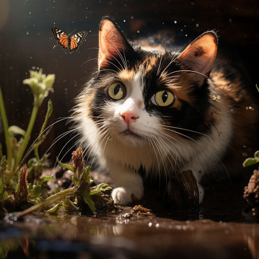 Calico cat staring at an insect