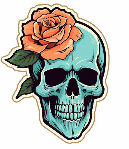 Skull with a rose, light orange & teal comic style