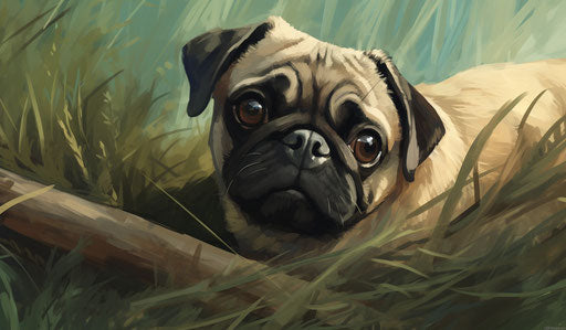 A pug lying in a field with a long tail