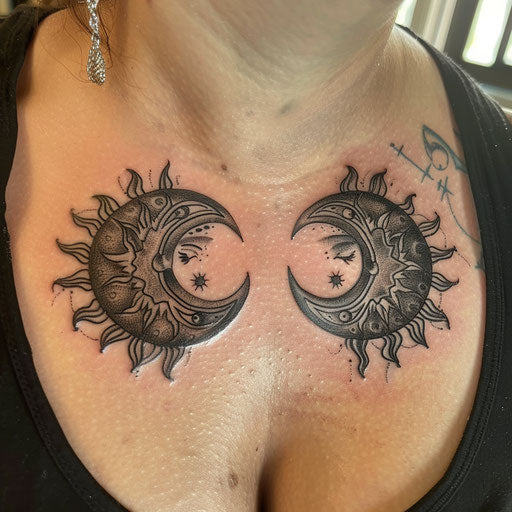 Mother and Daughter Tribal Sun and Moon Tattoos on Chest