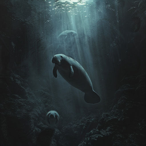 Manatees in a dark cave, shadowy and mystical
