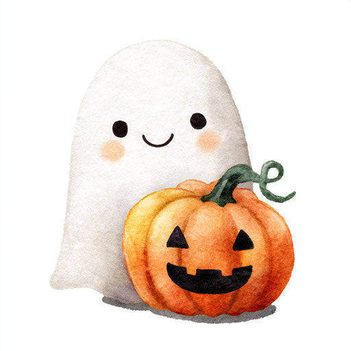 Friendly ghost and smiling pumpkin in a playful mood