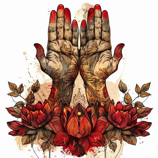 Heartwarming tattoo sketch of two hands in mudra pose, symbolizing connection, in warm reds and golds, in a loving clipart style