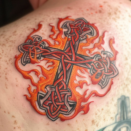 Fiery red and orange Celtic cross tattoo